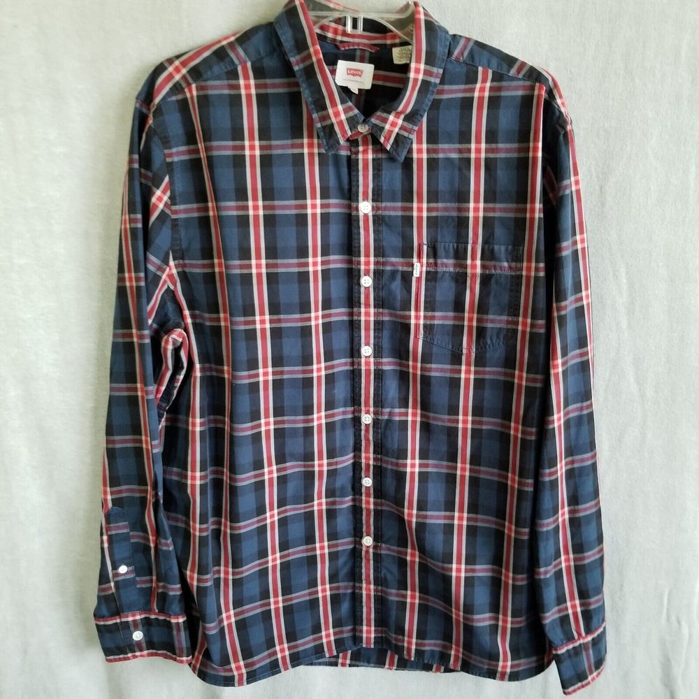Levi's Men's Button Up Shirt 2XL Red Plaid Modern Fit Pocket Long Sleeve Check